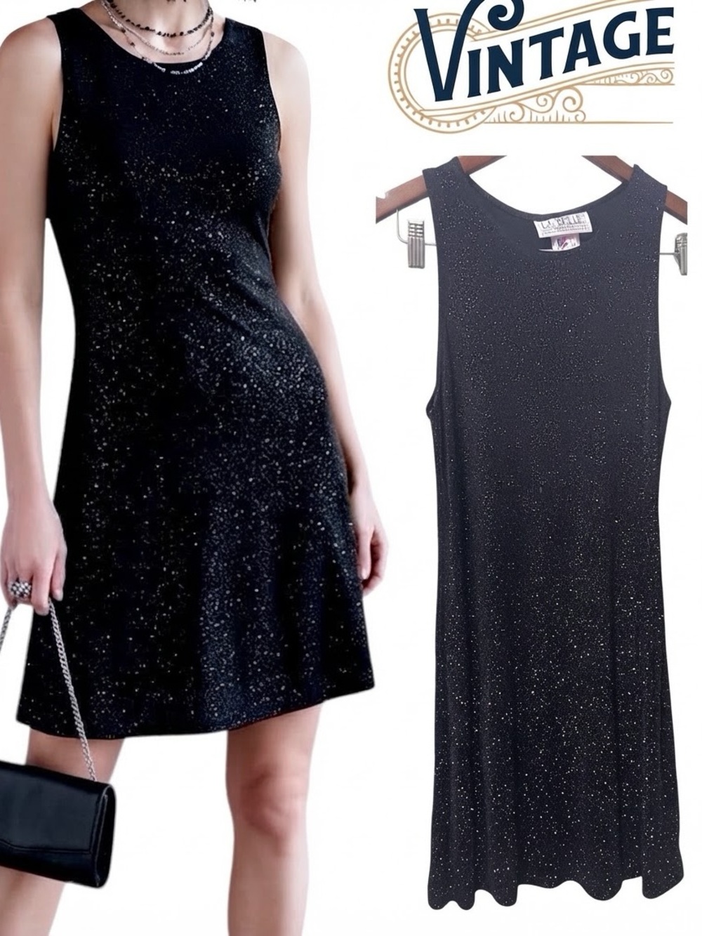 La Belle | NWOT USA Vintage 80s Black Sparkle Sleeveless A-Line Midi Dress (S)